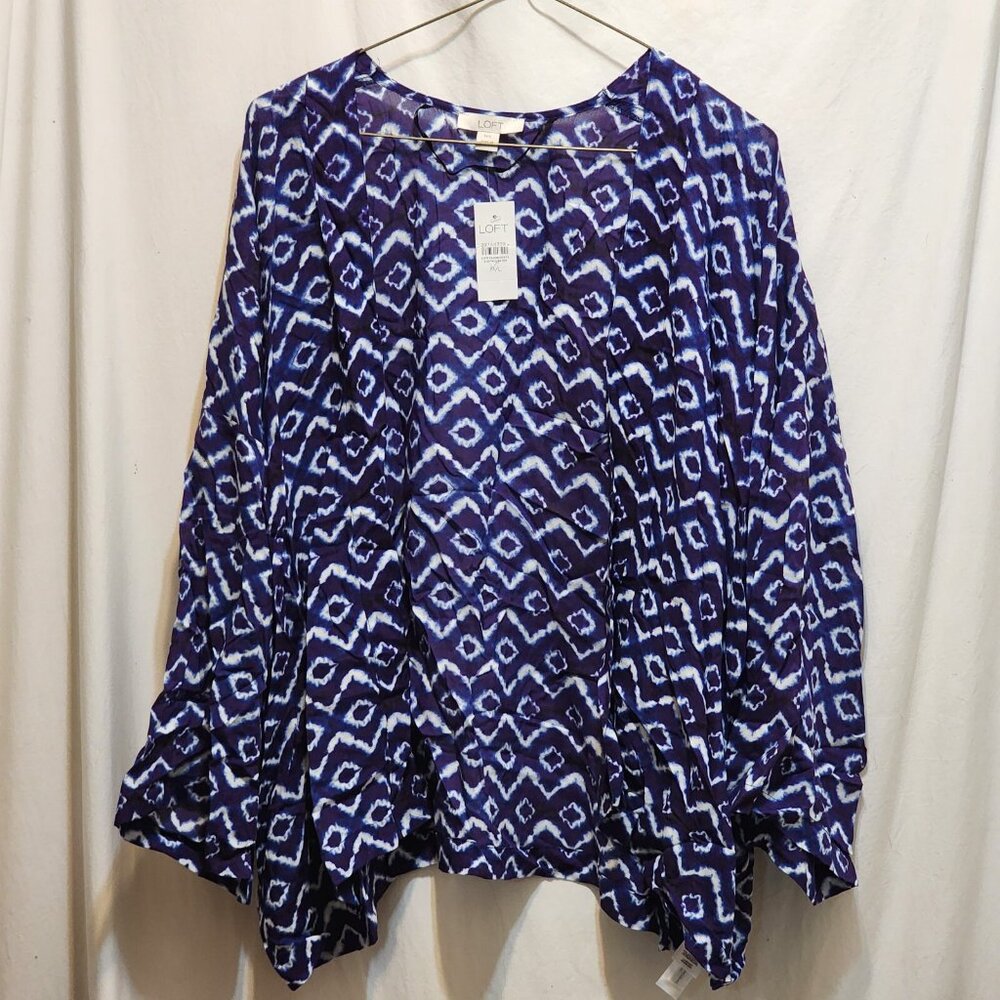LOFT Blue & White Ikat Open Front 3/4 Sleeve Top M/L New